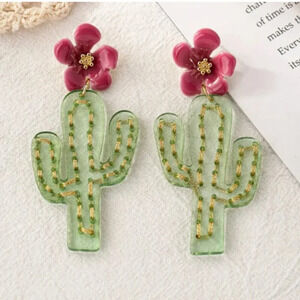 Pink Flower with Cactus Drop Earring - Bold Statement  Earrings - NEW